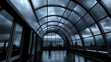 Modern glass walkway with city skyline view photo