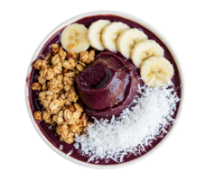Delicious acai bowl topped with banana granola and shredded coconut png