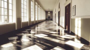 Sunlit Hallway With Large Windows And Marble Floor photo