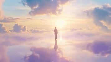 A solitary figure walks towards a celestial sunrise photo