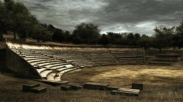 Ancient Stone Amphitheater Surrounded by Trees Under a Cloudy Sky photo
