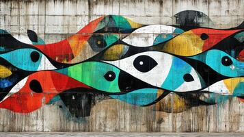 Abstract Colorful Fish Mural on Weathered Wall photo