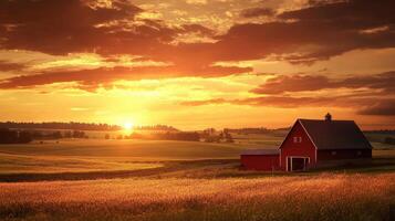 Red Barn Sunset Over Rolling Farmland Fields photo