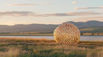 Illuminated Sphere in Serene Mountain Landscape photo