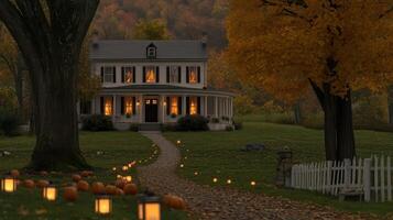 Autumnal Farmhouse Illuminated By Lanterns And Pumpkins photo