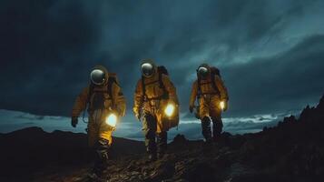 Three Astronauts Trek Across a Dark Alien Landscape photo
