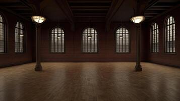 Dark Brick Room With Large Windows and Wooden Floor photo