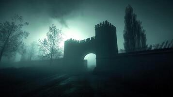Mysterious Stone Archway in Foggy Landscape photo