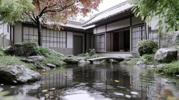 Tranquil Japanese Garden Serene House Pond Bridge photo