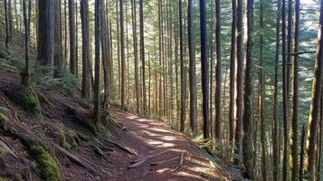 Sunlit Forest Trail Winding Through Tall Trees photo