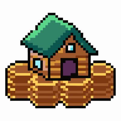 Pixelated Wooden House with Green Roof on Stacked Logs Retro Game Style