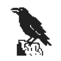 Pixelated raven silhouette on perch retro 8 bit bird design vector