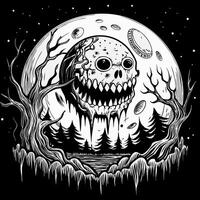 Eerie Full Moon Skull with Haunted Forest and Creepy Trees in Black and White Art vector