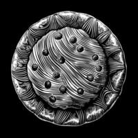 A black and white drawing of a pie with blueberries and chocolate chips vector
