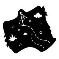 A black and white drawing of a map with a flag on it vector