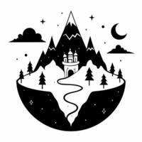 Mystical Mountain Landscape with Castle in Black and White Style vector