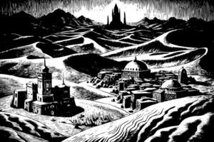 Black and White Fantasy Landscape with Ancient Architecture and Distant Mountains vector