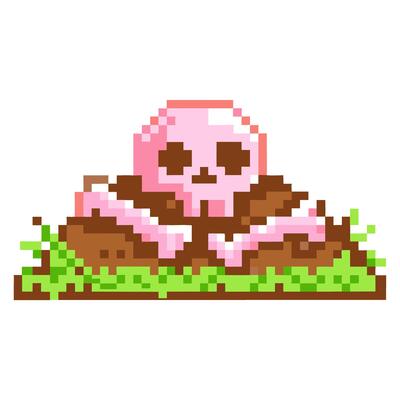 Pixel art skull pink pixelated skull on grassy ground retro game style, 8 bit graphics