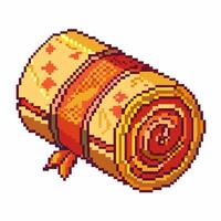 Pixel Art Cozy Rolled Blanket with Decorative Patterns and Red Ribbon vector