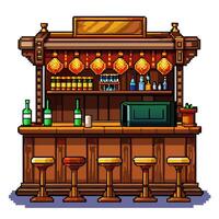 Retro Pixel Art Bar Counter with Stools and Warm Lighting in Vintage Style vector