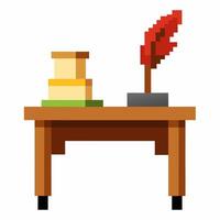 Retro Pixel Art Desk with Feather Quill and Books vector