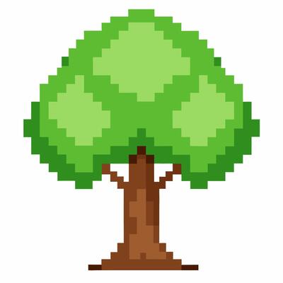 Retro Pixel Art Tree Illustration in 8 bit Style with Green Leaves and Brown Trunk
