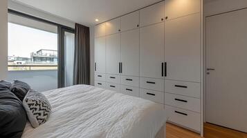 Modern Bedroom with Large Built in Wardrobe and City View photo