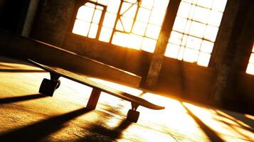Skateboard in Abandoned Building Sunlight Streaming Through Windows photo
