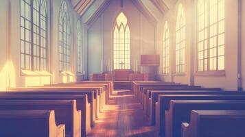 Sunlit Church Interior Rows Of Pews And Windows photo