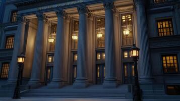 Majestic Building Entrance at Night Illuminated Columns photo