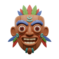 Happy Tribal Mask 3D Render Colorful Feathers Wooden Texture png