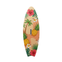Surfboard Deck with Tropical Theme Featuring Hibiscus, Palm Tree and Pineapple png