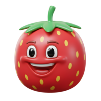 Smiling Strawberry Character with Yellow Dots and Green Stem 3D Render png