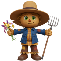 Smiling Scarecrow Holding Flowers and Pitchfork on Isolated Background png