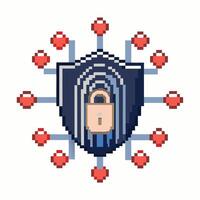 Pixel Art Cybersecurity Shield with Network Nodes and Lock Symbol vector