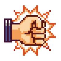 Pixel art fist bump retro gaming style, handshake, friendship energetic gesture, unity, bright burst effect vector