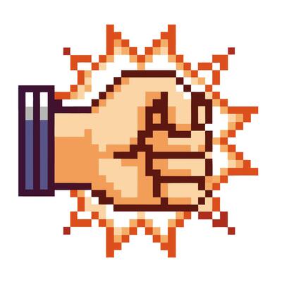 Pixel art fist bump retro gaming style, handshake, friendship energetic gesture, unity, bright burst effect