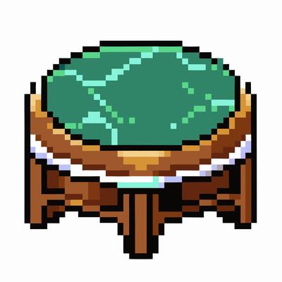 Pixel Art Green Crystal Table on Wooden Legs Retro Game Style Illustration