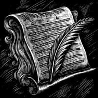Vintage Scroll and Quill Ink Drawing on Black Background for Historical Themes vector