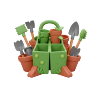 Gardening Tools and Pots Arranged Neatly in a Green Container png