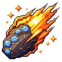 Pixel Illustration of a Fiery Meteor with Hexagonal Patterns and Sparkling Stars vector