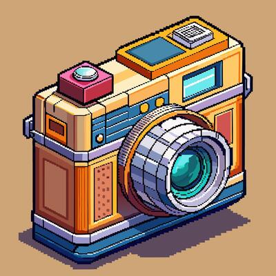 Retro Pixel Art Camera Illustration in Vibrant Colors and Vintage Design