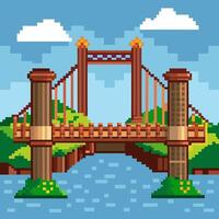 Retro Pixel Art Suspension Bridge Over River with Cloudy Sky Background vector