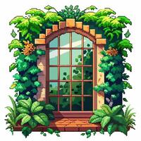 Retro Pixel Art Window Surrounded by Lush Greenery vector