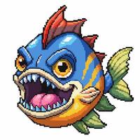Pixel Art Angry Fish Character with Sharp Teeth and Colorful Fins vector