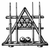 Vintage Billiard Table Accessories Cue Sticks, Triangle Rack, and Balls in Engraved Style vector