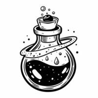 Abstract Black and White Ink Drawing of a Potion Bottle with Magic Elements vector
