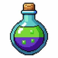 Retro Pixel Art Potion Bottle with Green and Purple Liquid Game Style Icon vector