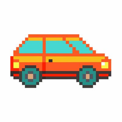 Pixel Art Orange Car Illustration on White Background Retro Gaming Style