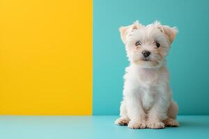 Puppy owner tips with a cheerful dog on a bright backdrop copy space photo
